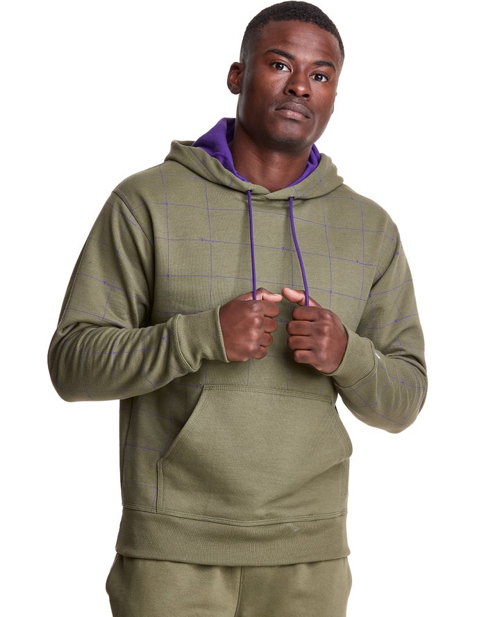 Champion Mens Hoodie NZ - Powerblend All Over Logo Olive ( 4012-RMVNA )